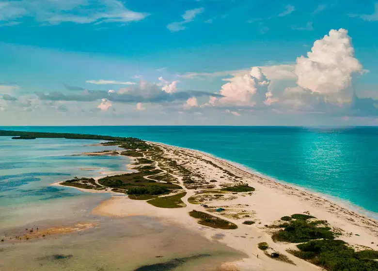 Aerial view of the sea and lagoon in Costa Mujeres