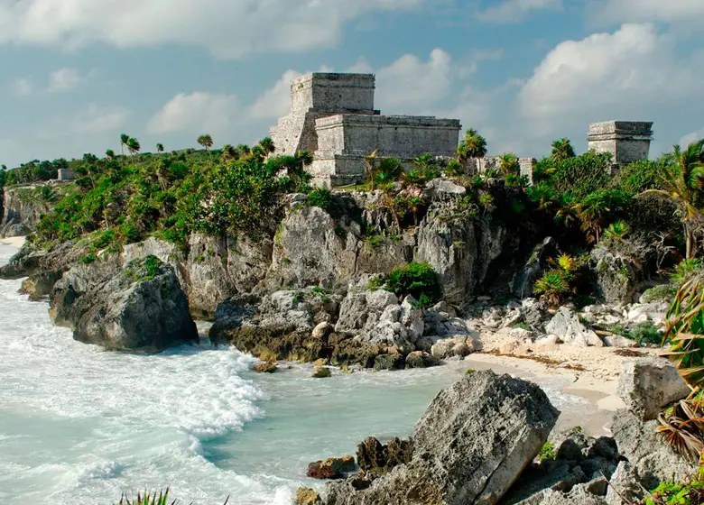 Mayan ruins on the beach in Tulum Mexico